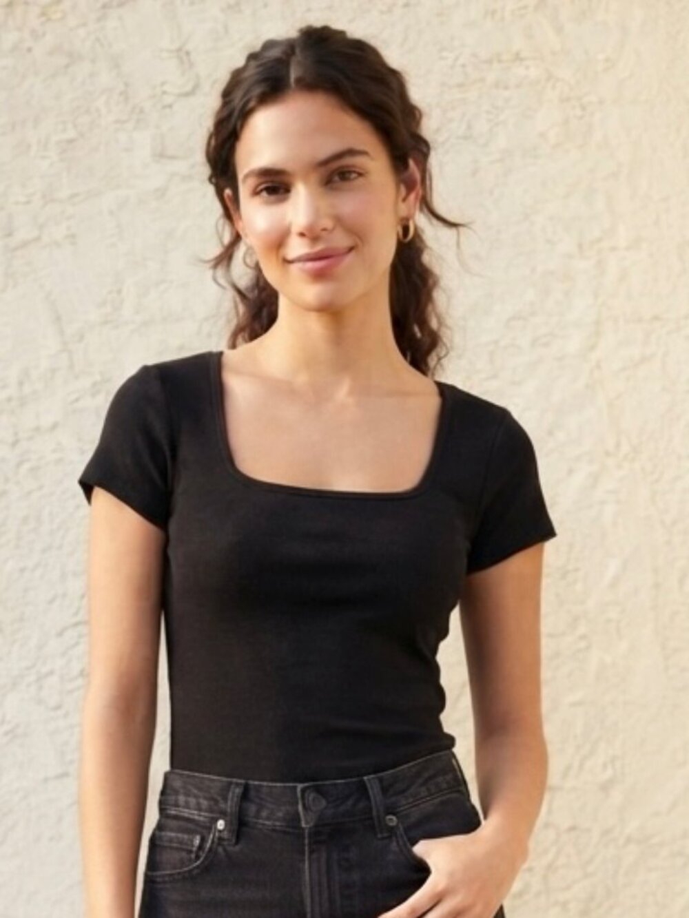 Old Navy Square-Neck T-Shirt Ribbed Basic Black Large